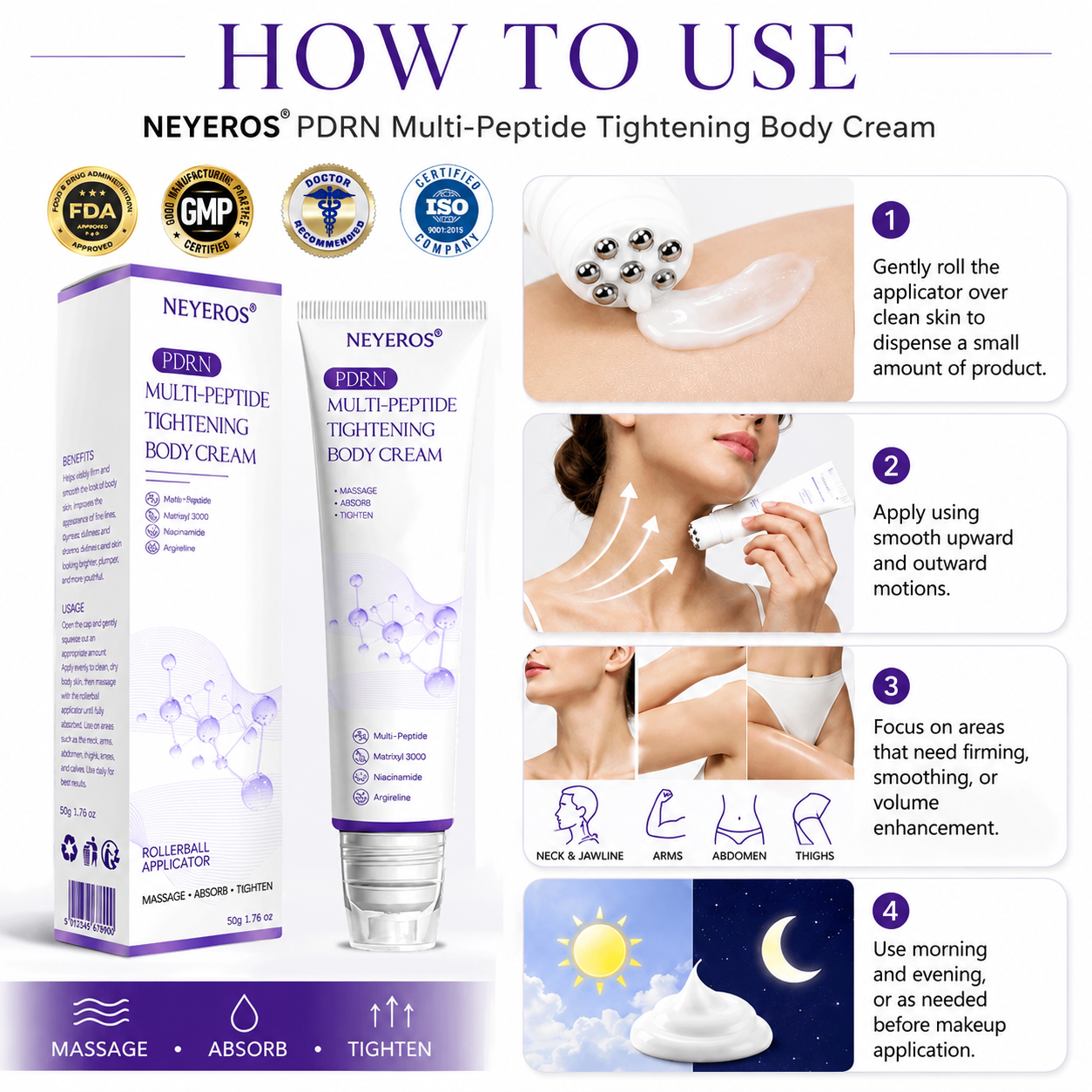 𝑵𝒆𝒚𝒆𝒓𝒐𝒔® PDRN Multi-Peptide Massaging Body Roller Cream- Anti-aging, Hydrating, Skin Firming & Lifting, Skin Repair, Even Tone, Acne and Dark Spot Treatment, Wart and Mole Removal, and Psoriasis Relief